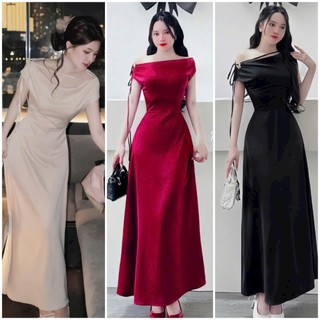  Đầm đi tiệc siêu sang thời trang nữ chất Lụa nhung lệch vai cột dây nơ chiết eo váy maxi dáng suông 