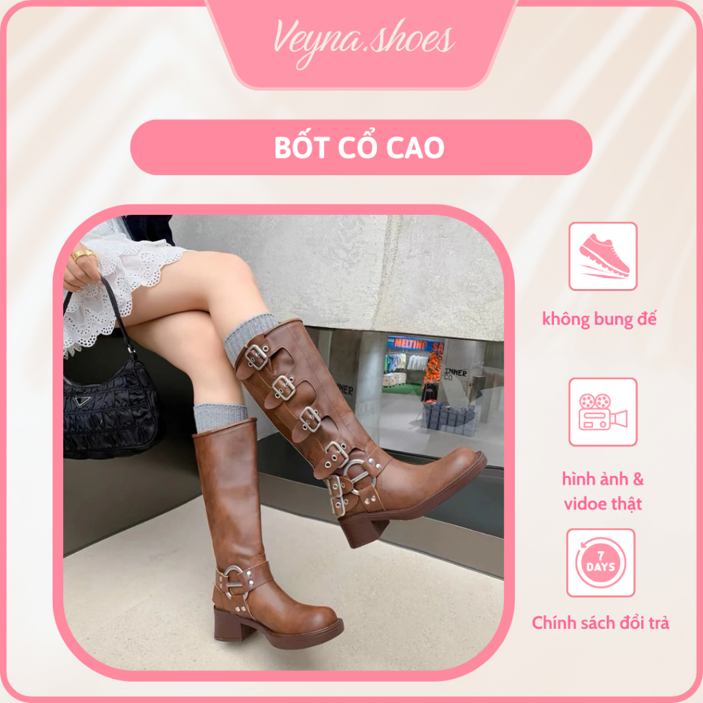 Giày Boot Nữ Da Nâu Cao Cổ Thời Trang Boot Nữ Đi Chơi Đi Học Boot Nữ Phối Khóa Cá Tính