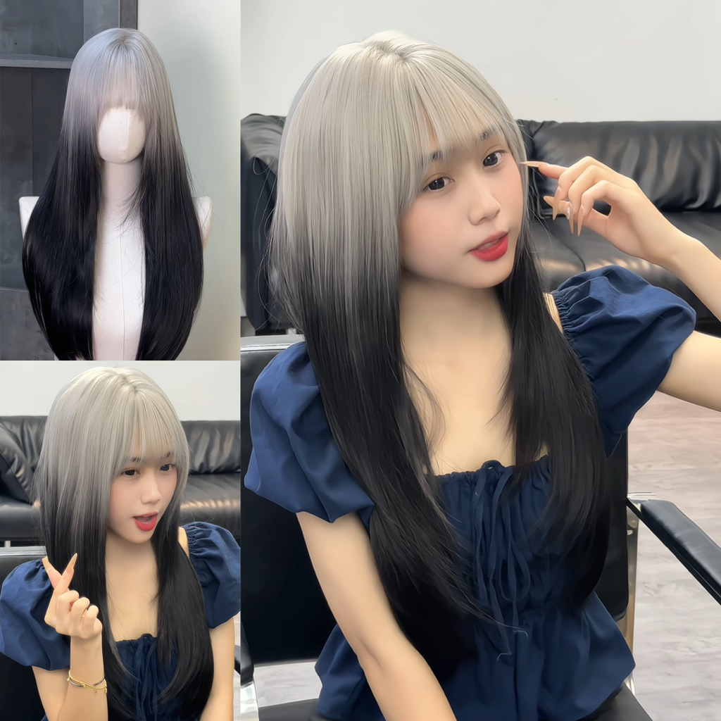 DJ-12 tóc giả nguyên đầu ombre đen/ bạch kim 2025 60cm