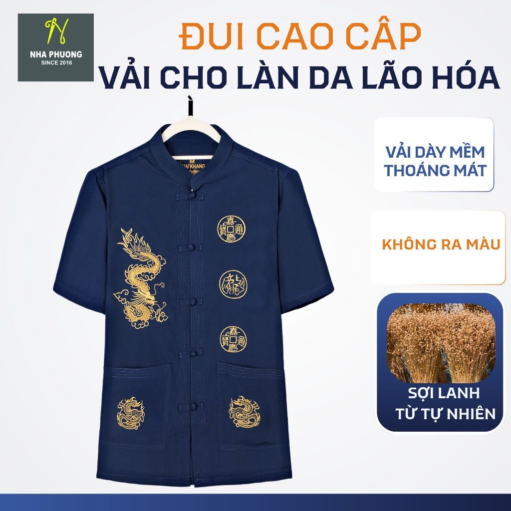  Áo sơ mi nam trung niên cổ tàu vải đũi cao cấp hình thêu rồng phượng cổ đứng form đẹp mát ATK10 