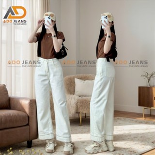   93cm Quần jean dài nữ ống suông lưng cao màu Trắng thêu lai xinh xắn ADO JEANS DJ93  