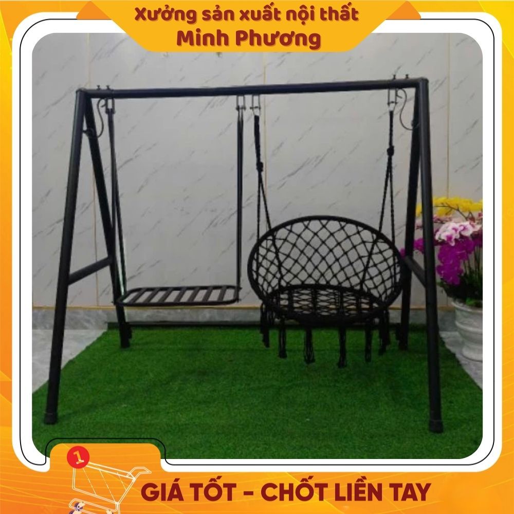 Xích Đu Hai Ghế Ngồi Khung Sắt Sơn Tĩnh Điện, Ghế Lưới Và Ghế Nan Sắt Trang Trí Sân Vườn Ngoài Trời Ban Công