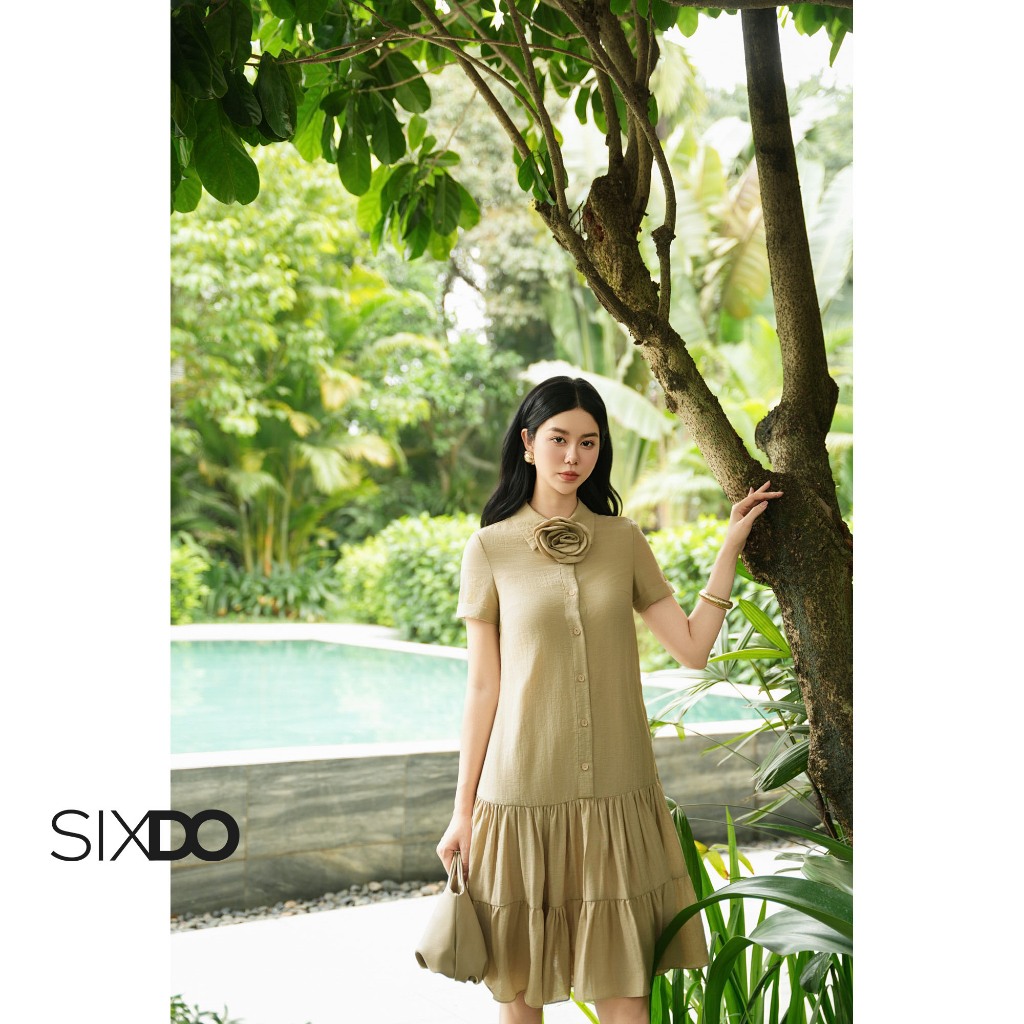 Đầm tơ suông cộc tay SIXDO (Dark Beige Loose Dress With Flower)