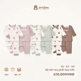 Đồ Bộ Thu Đông Cho Bé Embes, Bộ Quần Áo Dài Tay Phối Họa Tiết Chất Cotton Mềm Mại Cho Bé Từ 8-18Kg