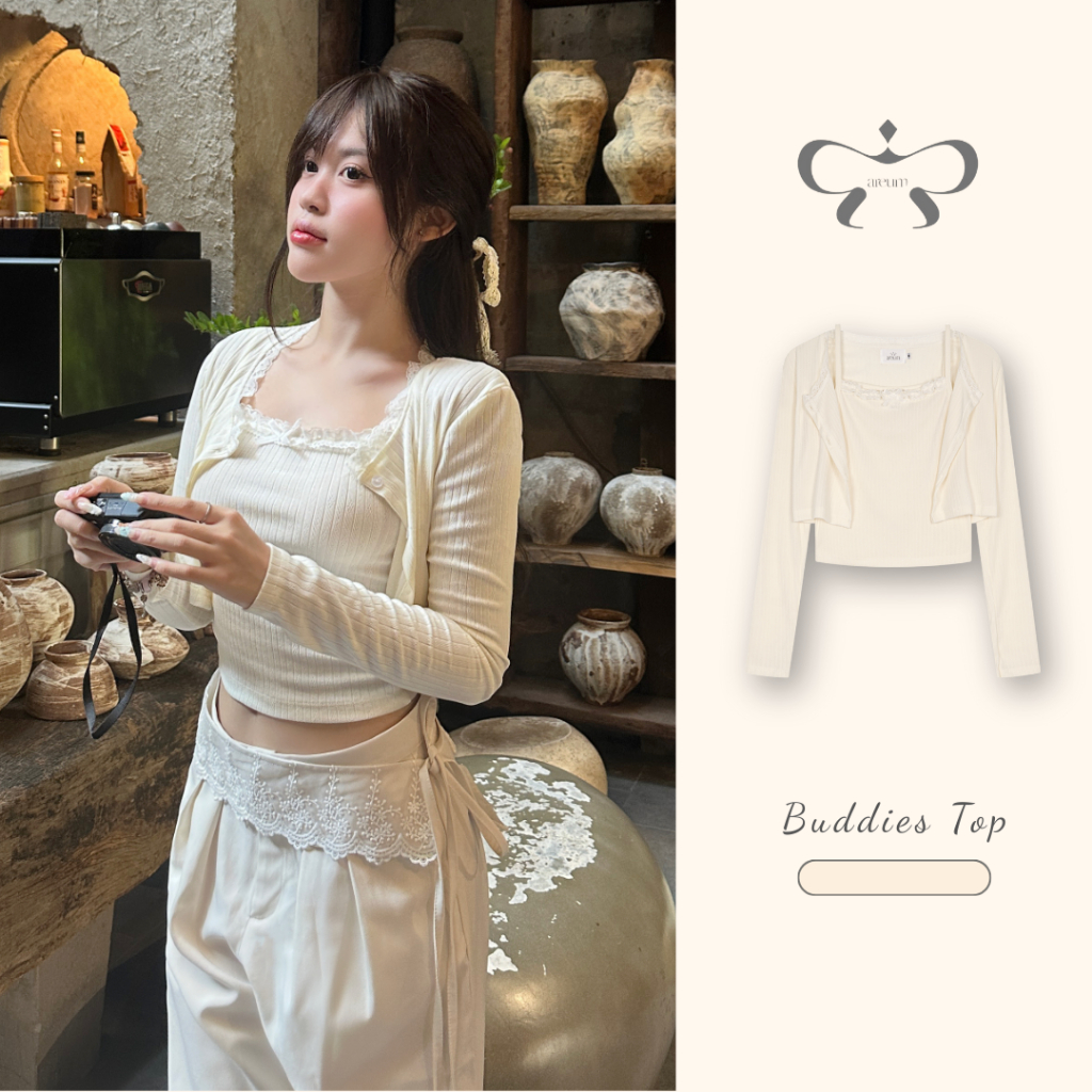 AREUM ÁO Tay Dài BUDDIES Cổ Viền Ren (Áo hai dây + Áo khoác ngoài) | BigBuy360 - bigbuy360.vn