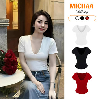 [XẢ HÀNG] Áo Thun CỔ KHOÉT V DÁNG DÀI Tay Ngắn, Áo Thun Basic Chất Thun Gân Thời Trang - MICHAA  ADD40