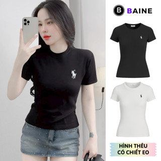 Áo Babytee Tay Ngắn CỔ TRÒN THÊU NGỰA DÁNG DÀI Chất Gân DD37, Áo Thun Nữ Chiết Eo Ôm Body BAINE