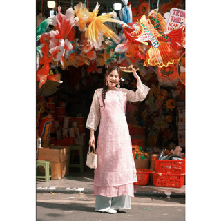412AD1008 - Bộ áo dài nữ voan tơ hoa rơi hồng mơ phai ADORE DRESS