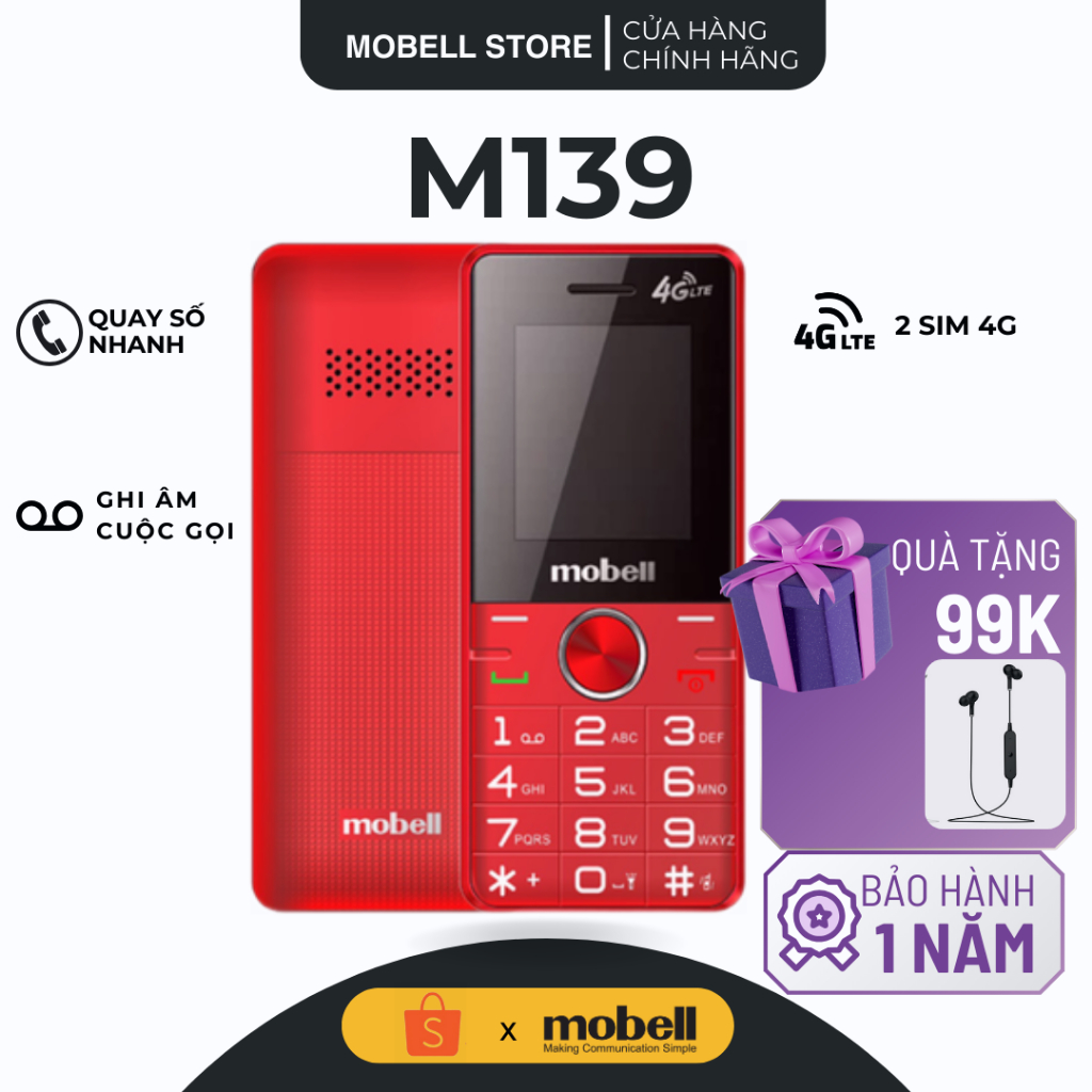 [Freeship] Điện Thoại 4G Mobell M139 – 2 SIM, Sóng Mạnh, Pin Trâu, Nghe Gọi Siêu Bền, BH 12 Tháng