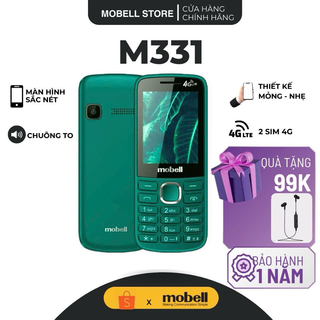 Điện Thoại 4G Mobell M331 – 2 SIM, Loa To, Pin Lâu, Bền Bỉ, Chính Hãng, Bảo Hành 12 Tháng