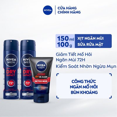 Bộ 3 Xịt Ngăn Mùi NIVEA MEN Khô Thoáng 150ml và Sữa Rửa Mặt NIVEA MEN Bùn Khoáng 100g - 81602x2 + 83940