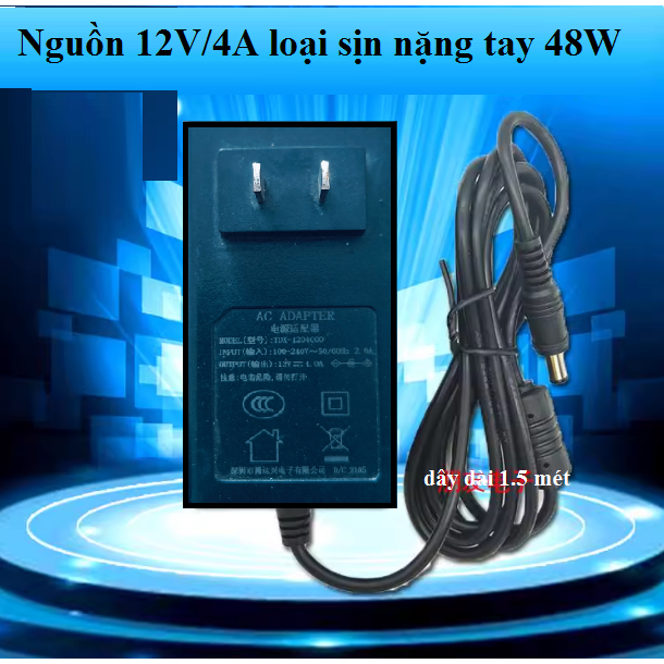 Nguồn Adapter 12v 4A loại xịn dây dài 1.5 Mét, đầu 5.5mm x 2.1mm dùng màn hình PC, Camera, Wifi( hàn