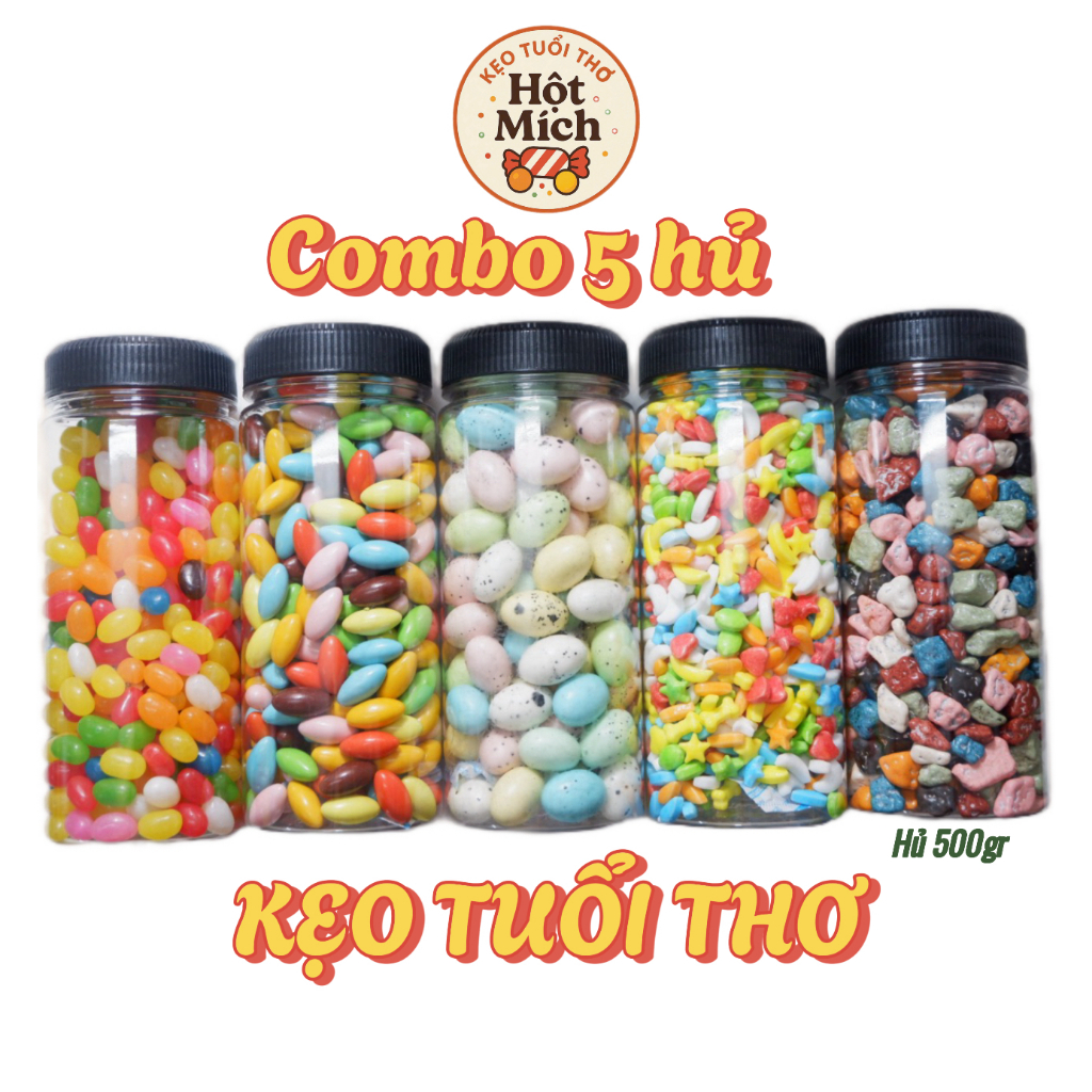 COMBO 5 hủ KẸO TUỔI THƠ - kẹo nhộng/sỏi/bi/khủng long/ngũ sắc [Hủ 500gram]