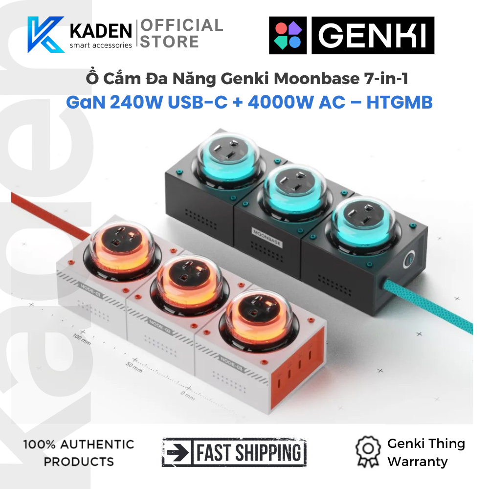 [240W GaN] Trạm Sạc GENKI Moonbase 7 Cổng (4 USB-C 140W, 3 Ổ Cắm AC) Sạc MacBook, Laptop Gaming, Ste