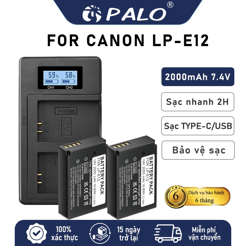 PALO Bộ 2 Pin LP-E12 + Sạc Đôi LP-E12 Cho Máy Ảnh Canon M10 EOS M50 EOS M100 EOS M200 EOS 100D