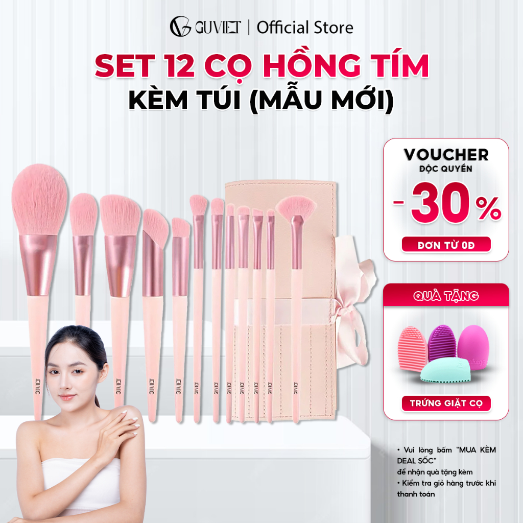 Bộ cọ trang điểm cá nhân GUVIET gồm 12 cọ màu hồng tím kèm theo túi đựng ( mẫu mới)