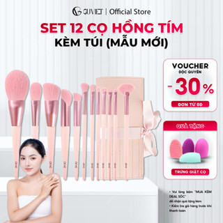  Bộ cọ trang điểm cá nhân GUVIET gồm 12 cọ màu hồng tím kèm theo túi đựng   mẫu mới  