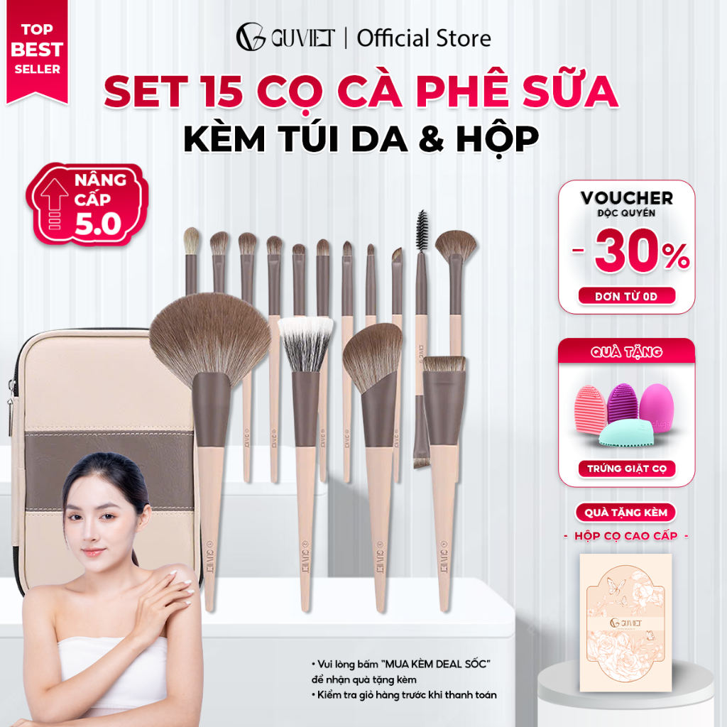Bộ cọ trang điểm cá nhân cao cấp GUVIET màu cà phê sữa gồm 15 cọ đi kèm túi da và hộp đựng