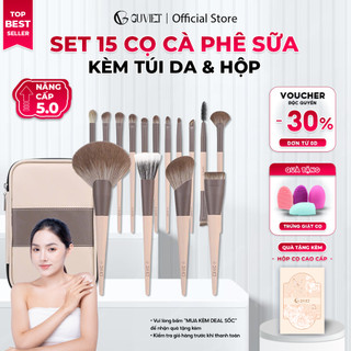  Bộ cọ trang điểm cá nhân cao cấp GUVIET màu cà phê sữa gồm 15 cọ đi kèm túi da và hộp đựng 