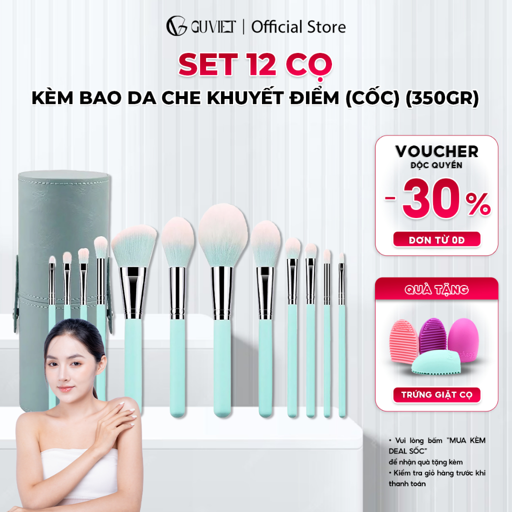 Bộ Cọ Trang Điểm Cá Nhân GUVIET gồm 12 cây cọ màu xanh ngọc kèm theo túi đựng hoặc ống cắm cọ