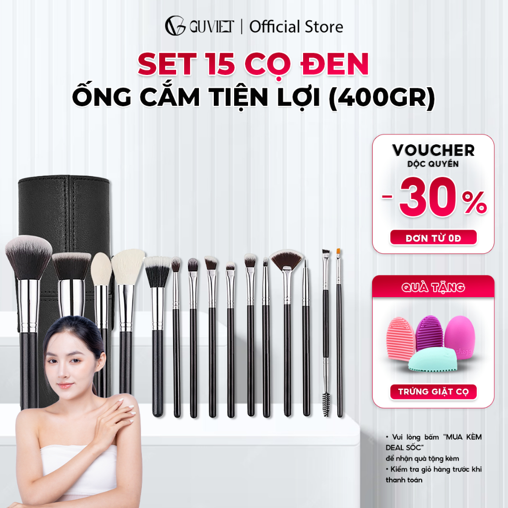 Bộ cọ trang điểm cá nhân GUVIET màu đen gồm 15 cọ kèm theo ống cắm tiện lợi