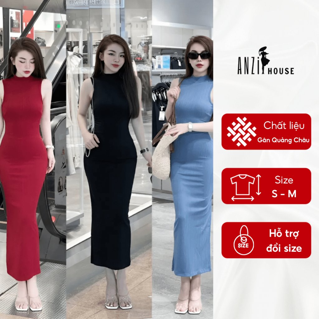 Đầm body sát nách dáng dài, Váy Body vải thun gân Quảng Châu co giãn mát mẽ mùa Hè đi tiệc ANZi Hous