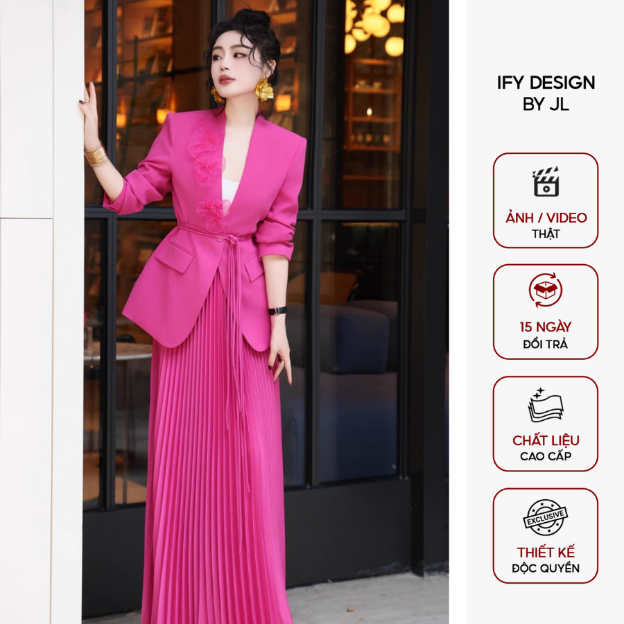 Set vest kiểu IFY Design thiết kế Áo vest đính hoa phối chân váy xếp ly dáng dài tôn dáng - SL0178