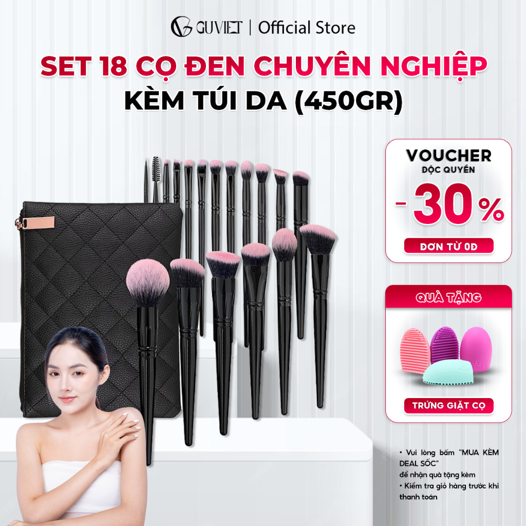 Bộ cọ trang điểm cá nhân và chuyên nghiệp GUVIET màu đen gồm 18 cọ đi kèm túi da