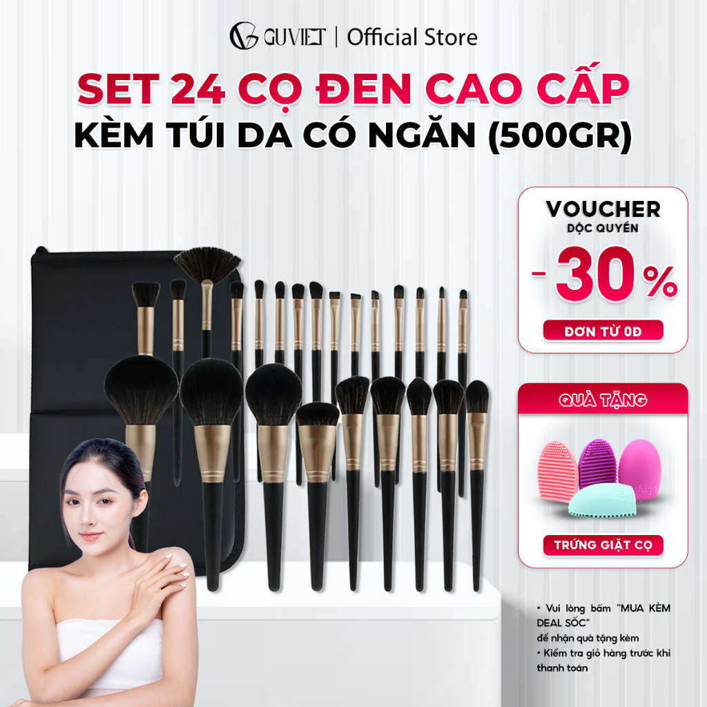 Bộ cọ trang điểm chuyên nghiệp cao cấp GUVIET màu đen gồm 24 cọ đi kèm với túi da đựng có ngăn