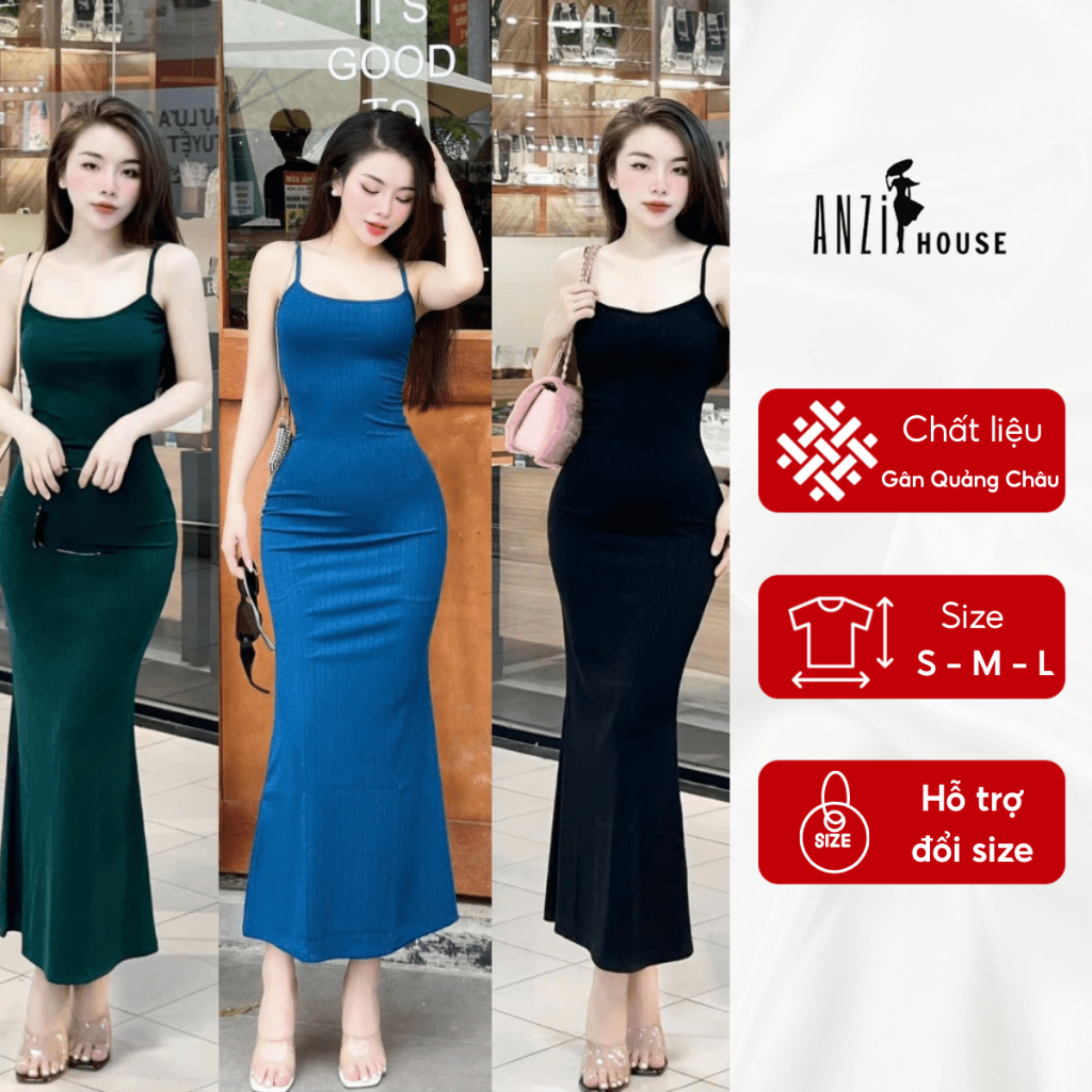 Đầm body 2 dây dáng dài đuôi cá, Váy Body vải thun gân Quảng Châu co giãn mát mẽ mùa Hè ANZi House A