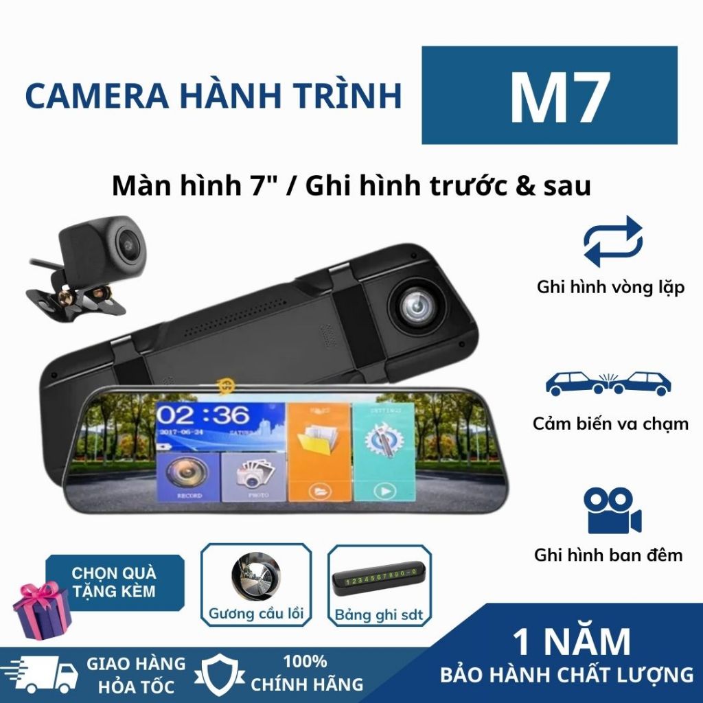 Camera hành trình ô tô M7 màn gương cảm ứng 7inch Full HD Hỗ trợ ghi hình đêm Cam hiện vạch khi lùi 