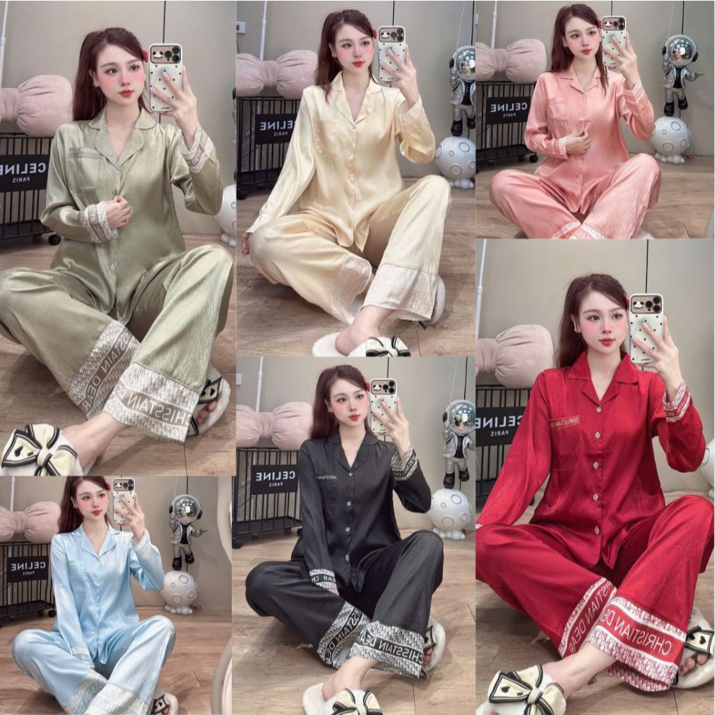  DEAL MỞ BÁN  Bộ Đồ Ngủ Nữ JUSOKA Pijama Viền Chữ Lụa Gấm Xước Ánh Kim Dài Tay Dáng Tiểu Thư Cao Câp DD48 
