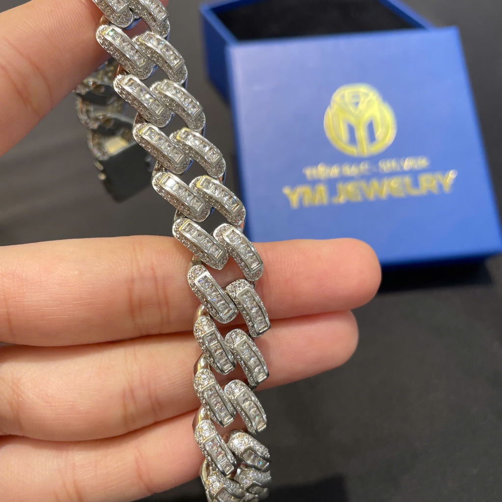 Lắc Tay Cuban Nam Bạc 925 Xi Kim Lắc Cuban Full Tấm Xen Baguette - Lắc Cuban Cá Tính - YM Jewelry