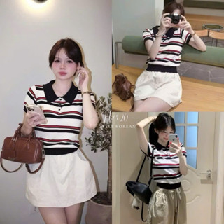  Áo len kẻ sọc đen đỏ cổ polo basic Áo dệt kim cộc tay phong cách thời trang cho nữ ALCT117 