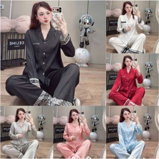 [FREESIZE] Bộ ngủ Pijama nữ JUSOKA viền chữ lụa gấm xước ánh kim tay dài quần dài DD48