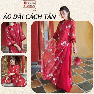  Áo Dài Cách Tân Nữ Tơ Thêu Mềm Mịn – Áo Dài Tết 2025 Phối Cúc Tàu Nhung Đỏ Sang Trọng – Áo Dài Cách Tân Lianna's 