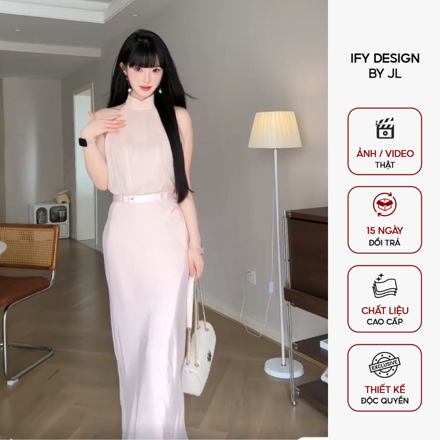 Váy lụa dáng dài IFY Design thiết kế cổ tròn thắt eo tinh tế giúp tôn dáng eo thon gọn HL - VA3149
