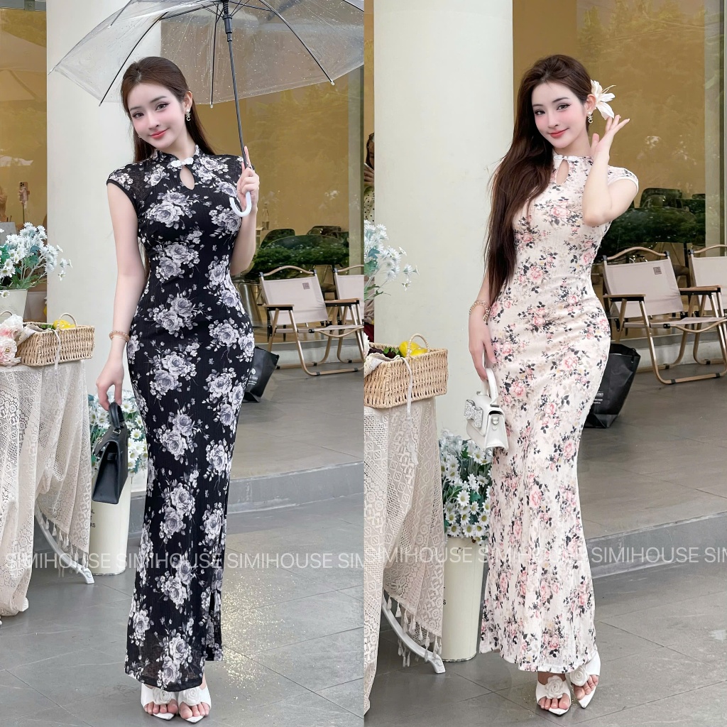 VÁY BODY SƯỜN XÁM TAY CỘC D179 LƯỚI GÂN HÀN / Đầm body sườn xám hot đuôi cá nút vải ( SIMIHOUSE )