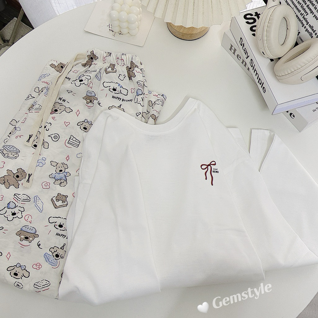 BỘ NGỦ NỮ DÀI TAY  HOẠT HÌNH DỄ THƯƠNG, áo dài tay GEMS 3158  kèm quần dài đũi mềm dưới 60kg