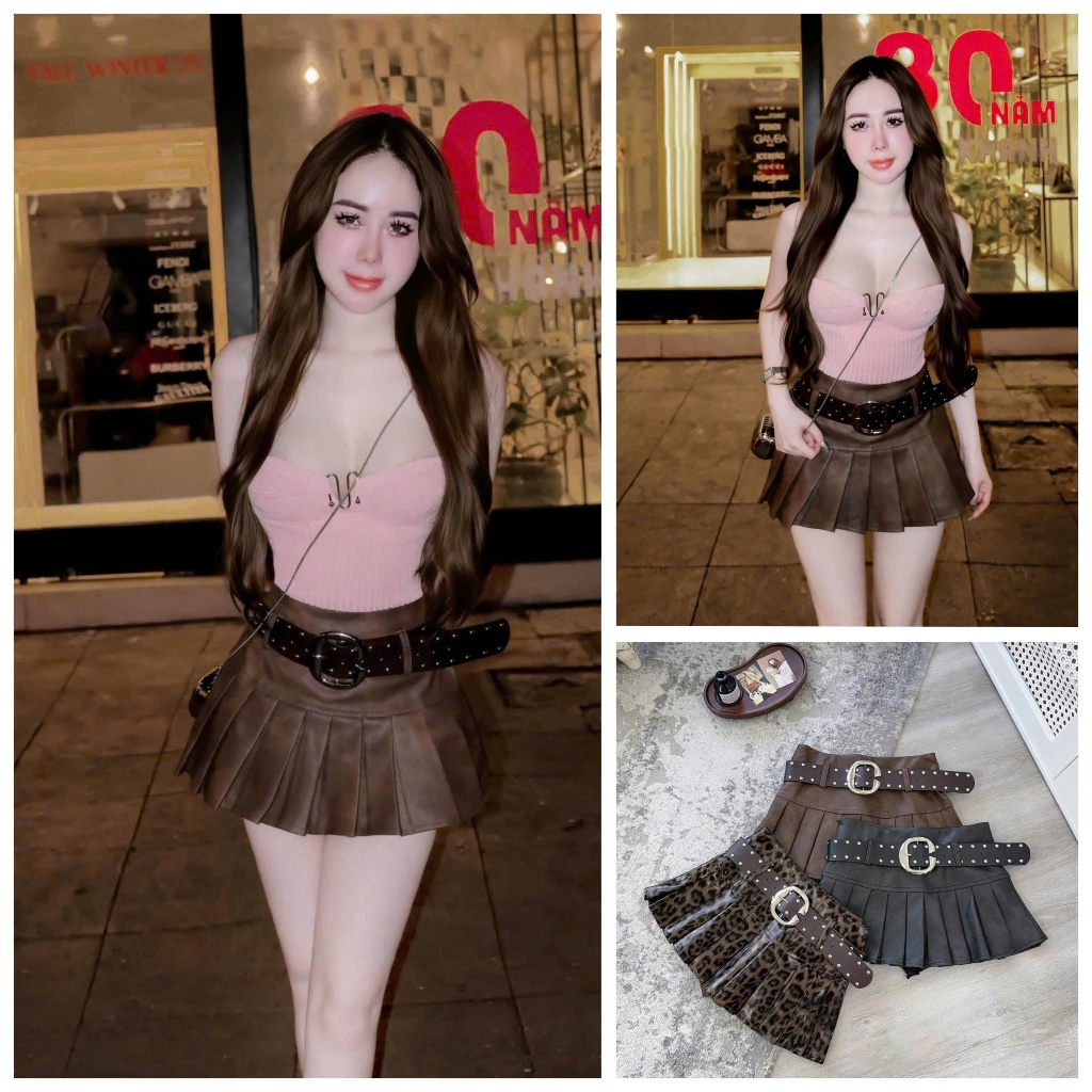 SALE LẺ SIZE Chân váy da xếp ly kèm đai UMEE STORE QCCC QCL1 CV0676 5832