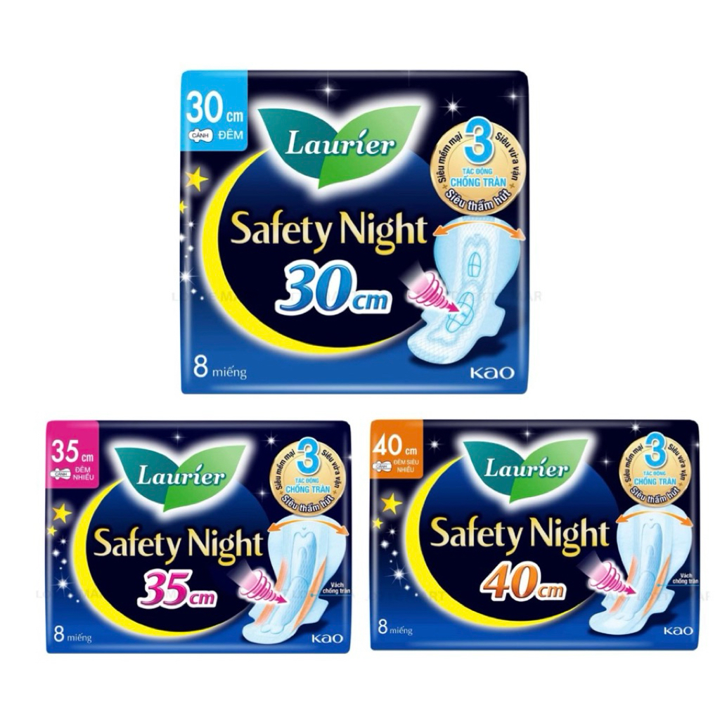 BĂNG VỆ SINH ĐÊM LAURIER SAFETY NIGHT 30CM/ 35CM/ 40CM GÓI 8 MIẾNG