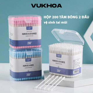 Hộp 200 tăm bông ngoáy tai, bông tăm hai đầu, tăm bông cho bé sơ sinh dùng một lần ( Mẫu Mới Nhất )