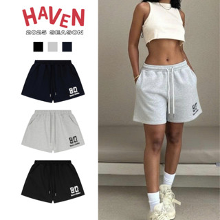  Quần Short Nỉ Haven Studio Nam Nữ Form Rộng Thể Thao Hack Eo Thêu Số 90 Có 3 Màu Xanh Đen Xám Đen 