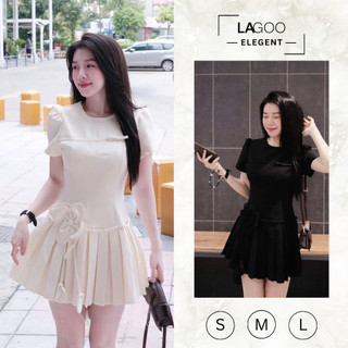  Váy Xuxie dáng xòe ngắn tay lỡ phối hoa eo đầm xếp ly tôn dáng nữ tính mặc đi chơi dạo phố Lagoo Elegent 