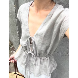 𝗦𝘆 𝗟𝗶𝗻𝗲𝗻 - |BEELY| - Áo Linen thắt nơ cổ V