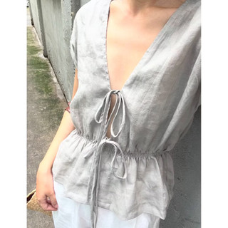 𝗦𝘆 𝗟𝗶𝗻𝗲𝗻 - |BEELY| - Áo Linen thắt nơ cổ V