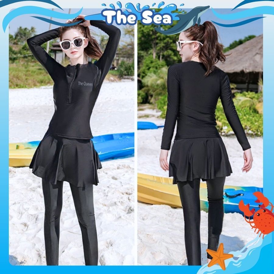 Đồ bơi nữ quần dài 2 lớp áo tay dài có dây khóa kéo màu đen bikini tắm biển Ninja kín đáo chống năng The Sea 056 | BigBuy360 - bigbuy360.vn