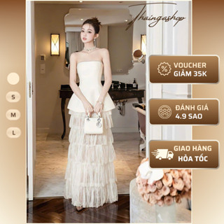 Đầm dự tiệc cúp nơ lưng chất cotton hàn phối chân váy ren tầng màu kem size S M L sang chảnh D1358
