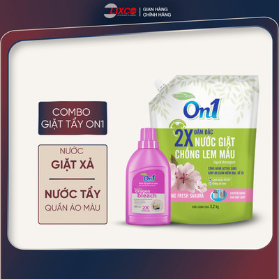 Combo 1 túi nước giặt xả On1 chống lem màu, sạch khuẩn 3.2Kg + Nước tẩy quần áo màu 400g N7502, Lixco Việt Nam