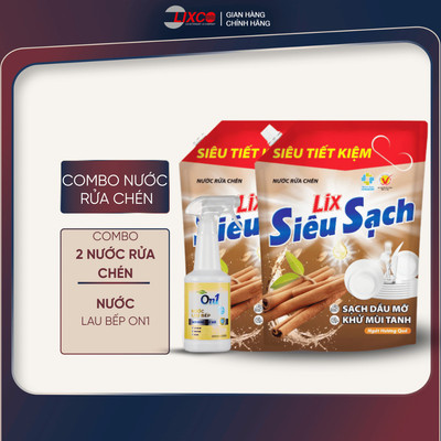 Combo 2 túi nước rửa chén siêu sạch hương quế 3.2kg/túi + Nước lau bếp On1 500ml N6701, 2C-19902+N6701